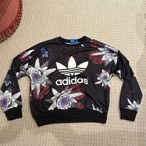 Adidas Black Floral Originals x FARM Lotus Print Fleece Crew Neck, Size US S